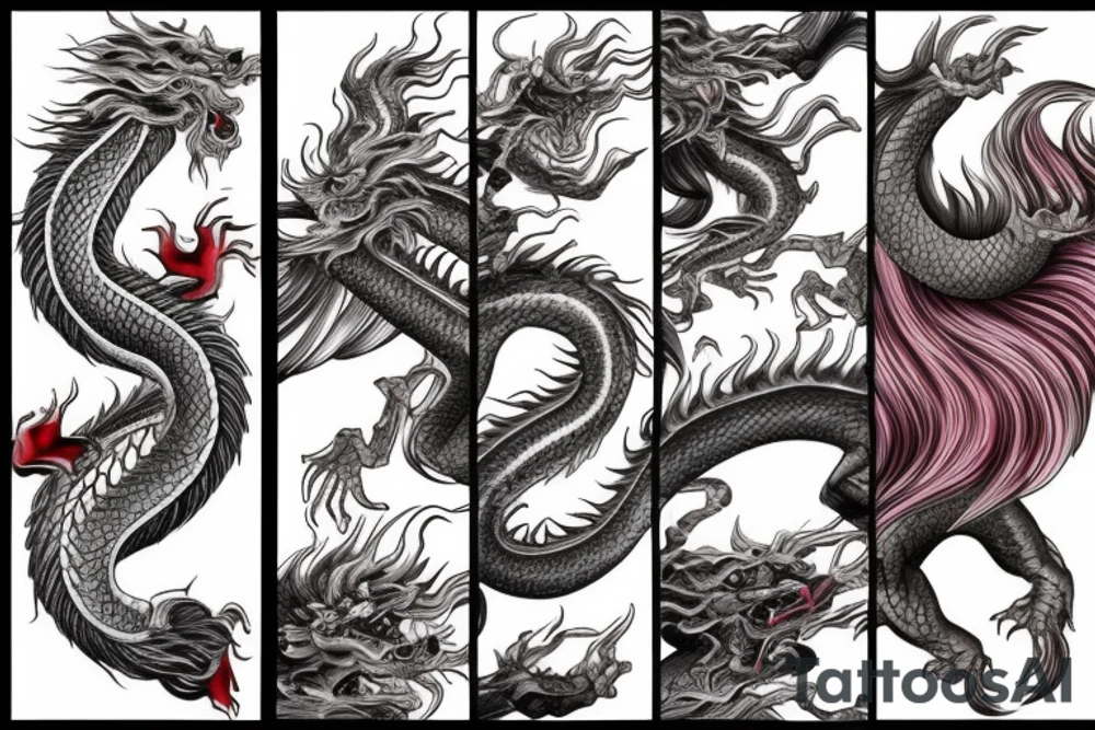 tattoo featuring an ascending Japanese dragon with silk-like hair and long claws on feet
dragon is to be clawing a mountain with rocks breaking from the dragon's claws as it climbs
high detail
energetic
proud tattoo idea