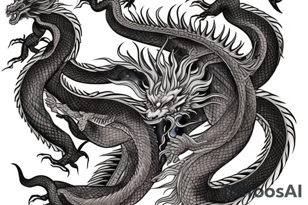 tattoo featuring an ascending Japanese dragon with silk-like hair and long claws on feet
dragon is to be clawing a mountain with rocks breaking from the dragon's claws as it climbs
high detail
energetic
proud tattoo idea