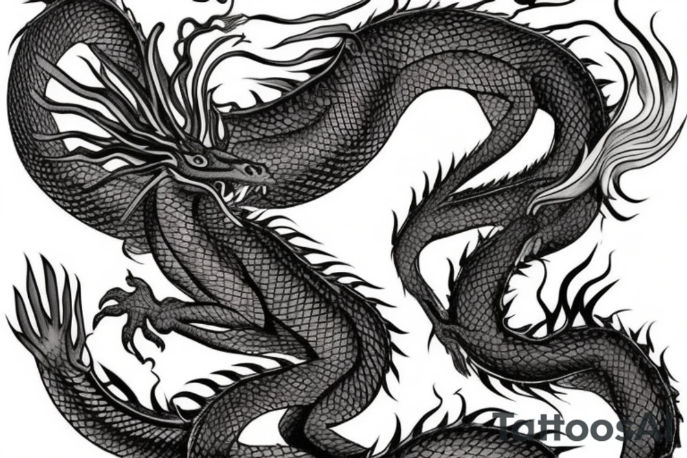 tattoo featuring an ascending dragon with silk-like hair and long claws on feet
dragon is to be clawing a mountain with rocks breaking from the dragon's claws as it climbs
high detail
energetic
proud tattoo idea