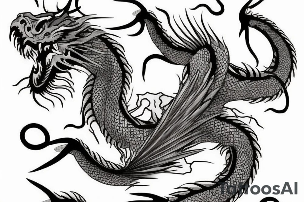 tattoo featuring an ascending dragon with silk-like hair and long claws on feet
dragon is to be clawing a mountain with rocks breaking from the dragon's claws as it climbs
high detail
energetic
proud tattoo idea