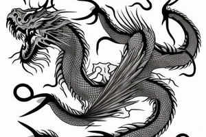 tattoo featuring an ascending dragon with silk-like hair and long claws on feet
dragon is to be clawing a mountain with rocks breaking from the dragon's claws as it climbs
high detail
energetic
proud tattoo idea