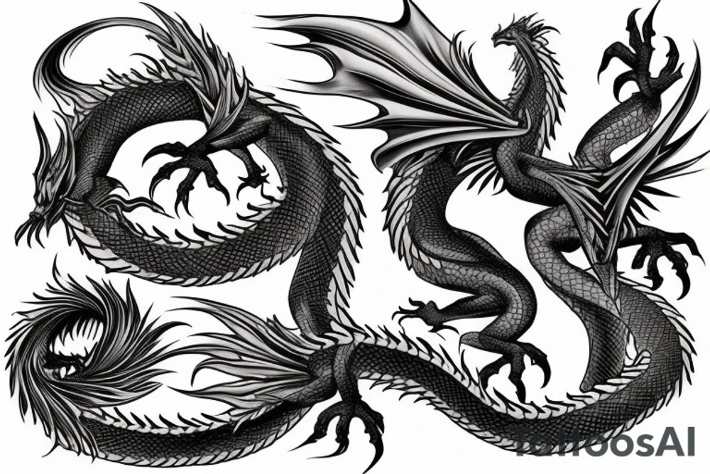 tattoo featuring an ascending dragon with silk-like hair and long claws on feet
dragon is to be clawing a mountain with rocks breaking from the dragon's claws as it climbs
high detail
energetic
proud tattoo idea