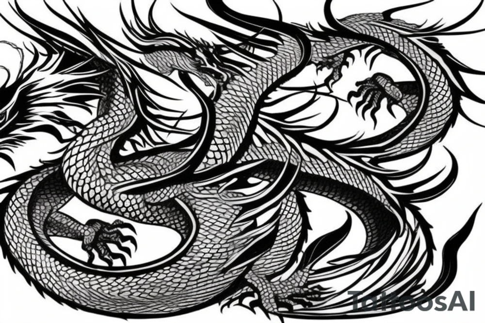 tattoo featuring an ascending dragon with silk-like hair and long claws on feet
dragon is to be clawing a mountain with rocks breaking from the dragon's claws as it climbs
high detail
energetic
proud tattoo idea