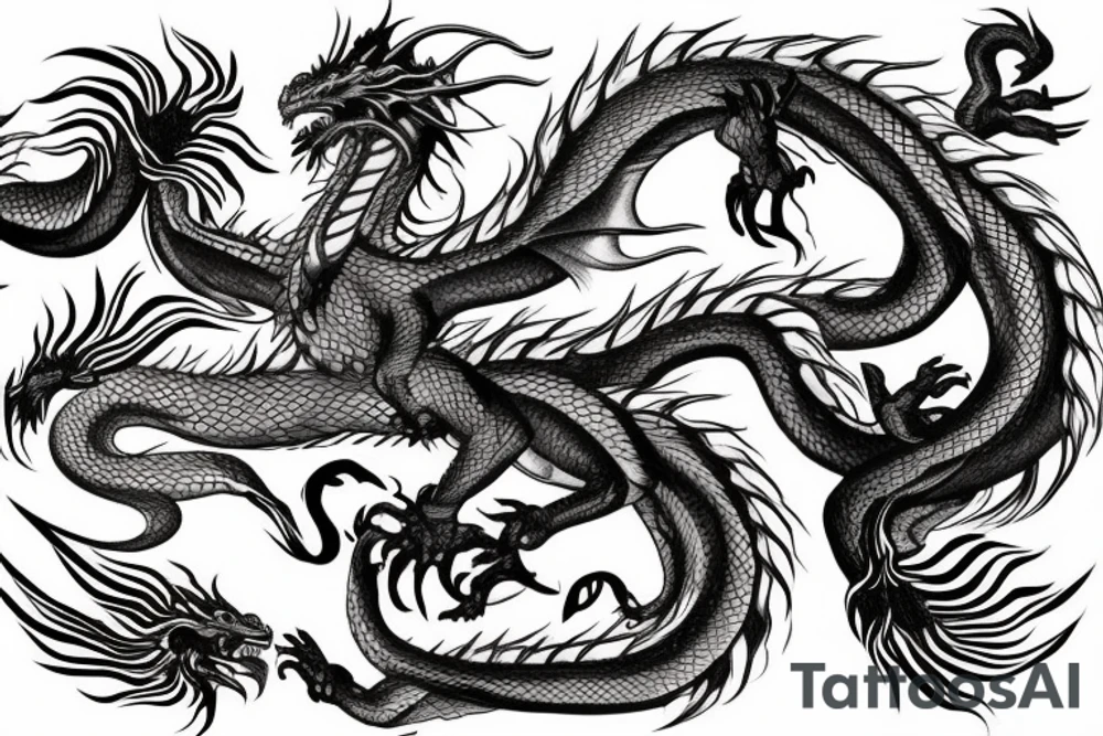 tattoo featuring an ascending dragon with silk-like hair and long claws on feet
dragon is to be clawing a mountain with rocks breaking from the dragon's claws as it climbs
high detail
energetic
proud tattoo idea