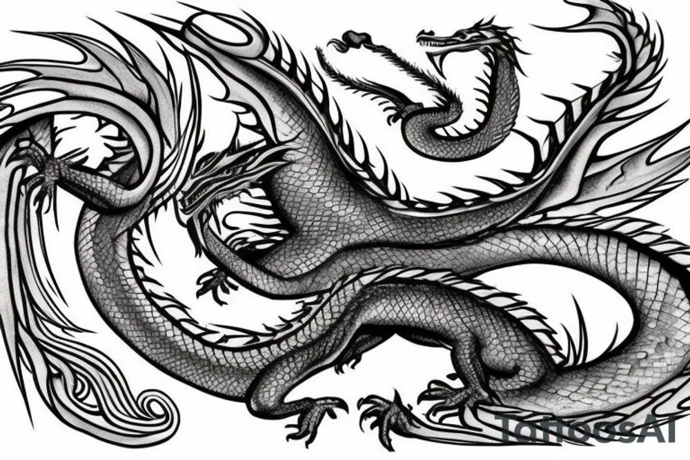 tattoo featuring an ascending dragon with silk-like hair and long claws on feet
dragon is to be clawing a mountain with rocks breaking from the dragon's claws as it climbs
high detail
energetic
proud tattoo idea