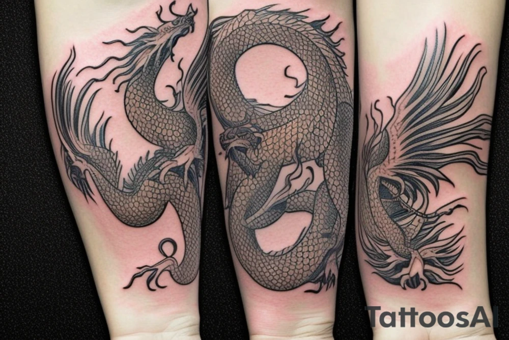 tattoo featuring an ascending dragon with silk-like hair and long claws on feet
dragon is to be clawing a mountain with rocks breaking from the dragon's claws as it climbs
high detail
energetic
proud tattoo idea