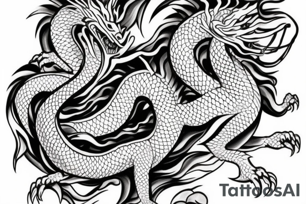 tattoo featuring an ascending white dragon with silk-like hair and long claws on feet
dragon is to be clawing a mountain with rocks breaking from the dragon's claws as it climbs
high detail
energetic
proud tattoo idea