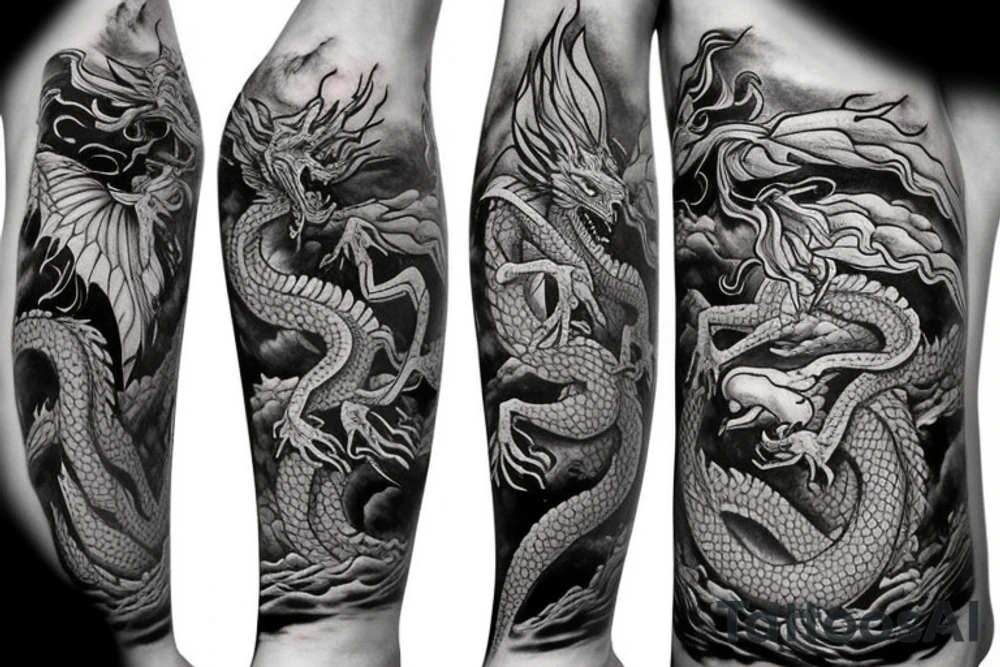 tattoo featuring an ascending white dragon with silk-like hair and long claws on feet
dragon is to be clawing a mountain with rocks breaking from the dragon's claws as it climbs
high detail
energetic
proud tattoo idea