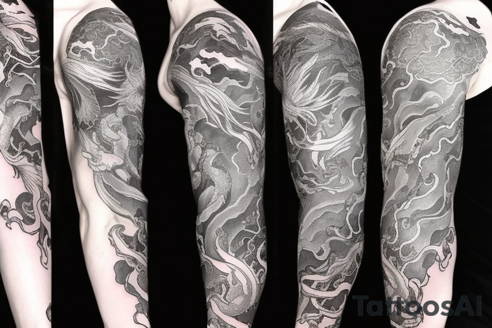 tattoo featuring an ascending white dragon with silk-like hair and long claws on feet
dragon is to be clawing a mountain with rocks breaking from the dragon's claws as it climbs
high detail
energetic
proud tattoo idea