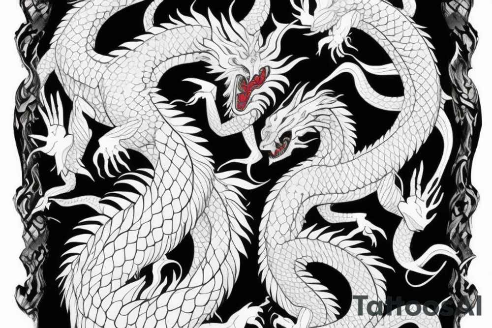 tattoo featuring an ascending white dragon with silk-like hair and long claws on feet
dragon is to be clawing a mountain with rocks breaking from the dragon's claws as it climbs
high detail
energetic
proud tattoo idea