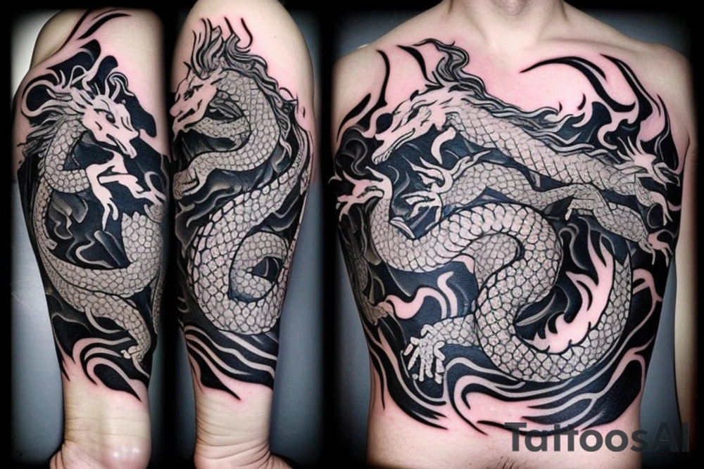tattoo featuring an ascending white dragon with silk-like hair and long claws on feet
dragon is to be clawing a mountain with rocks breaking from the dragon's claws as it climbs
high detail
energetic
proud tattoo idea
