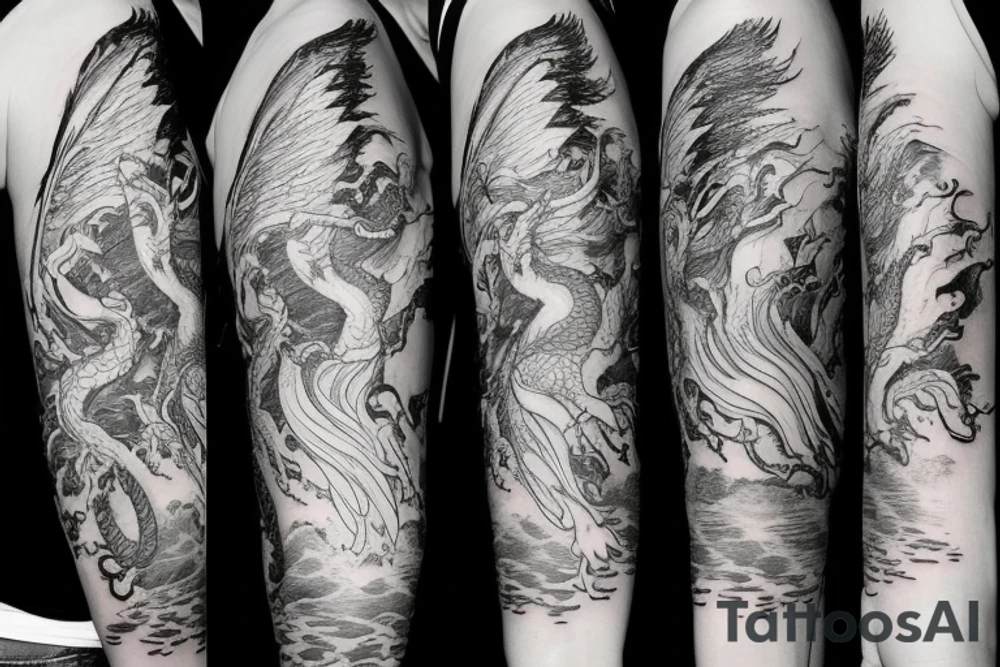 tattoo featuring an ascending white dragon with silk-like hair and long claws on feet
dragon is to be clawing a mountain with rocks breaking from the dragon's claws as it climbs
high detail
energetic
proud
tree like tattoo idea
