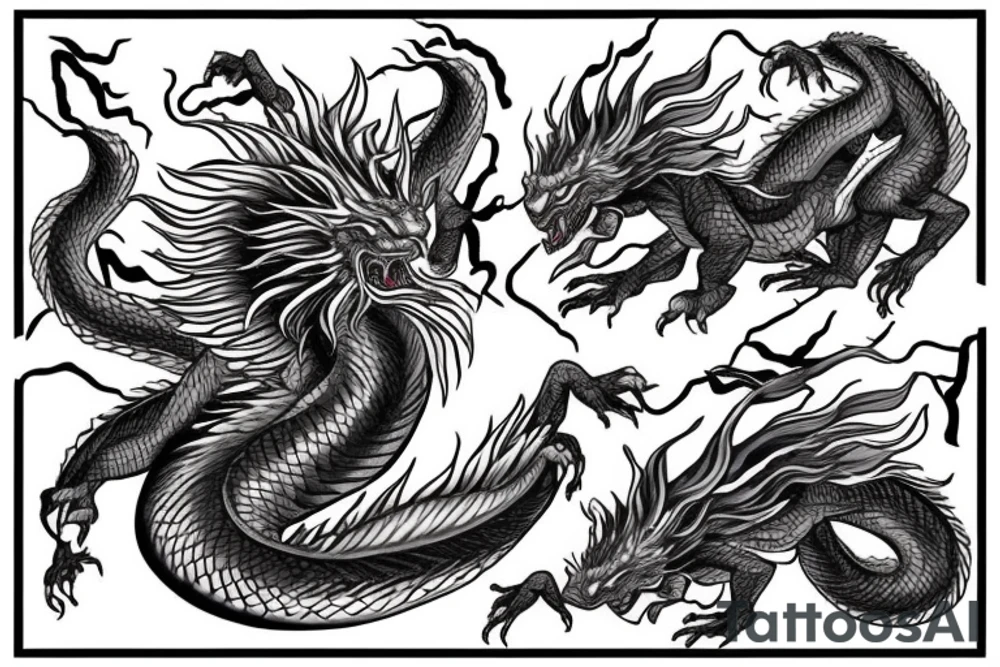 tattoo featuring an ascending white dragon with silk-like hair and long claws on feet
dragon is to be clawing a mountain with rocks breaking from the dragon's claws as it climbs
high detail
energetic
proud
tree like tattoo idea