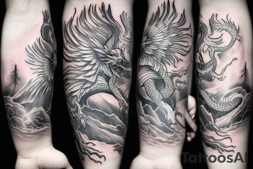 tattoo featuring an ascending white dragon with silk-like hair and long claws on feet
dragon is to be clawing a mountain with rocks breaking from the dragon's claws as it climbs
high detail
energetic
proud
tree like tattoo idea