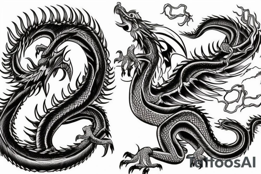 tattoo featuring an ascending white dragon with silk-like hair and long claws on feet
dragon is to be clawing a mountain with rocks breaking from the dragon's claws as it climbs
high detail
energetic
proud
tree like tattoo idea
