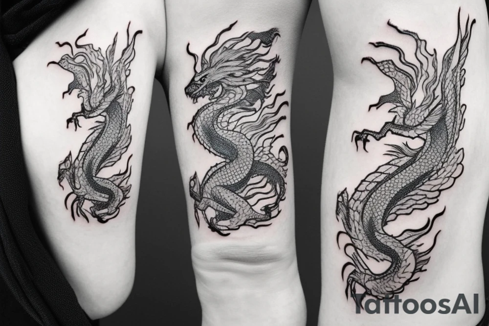 tattoo featuring an ascending white dragon with silk-like hair and long claws on feet
dragon is to be clawing a mountain with rocks breaking from the dragon's claws as it climbs
high detail
energetic
proud
tree like tattoo idea