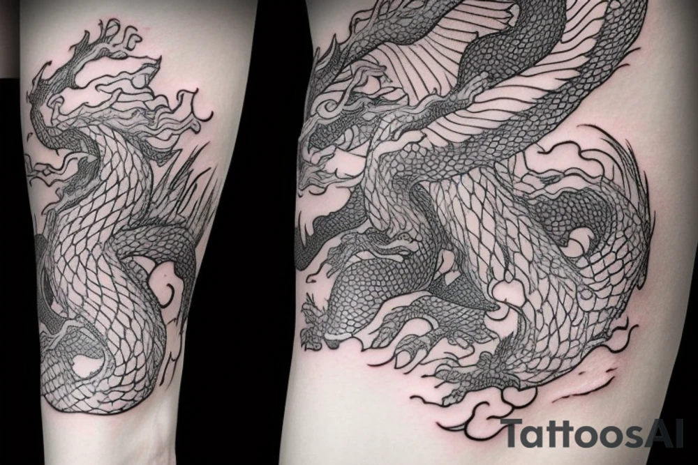 tattoo featuring an ascending white dragon with silk-like hair and long claws on feet
dragon is to be clawing a mountain with rocks breaking from the dragon's claws as it climbs
high detail
energetic
proud
tree like tattoo idea