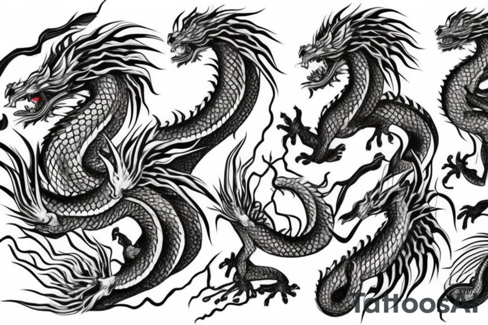tattoo featuring an ascending white dragon with silk-like hair and long claws on feet
dragon is to be clawing a mountain with rocks breaking from the dragon's claws as it climbs
high detail
energetic
proud
tree like tattoo idea
