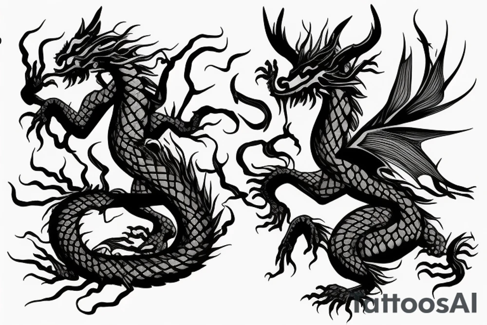 tree like dragon, sitting on the top of a mountain, with silk like hair blowing in the wind tattoo idea