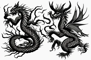 tree like dragon, sitting on the top of a mountain, with silk like hair blowing in the wind tattoo idea