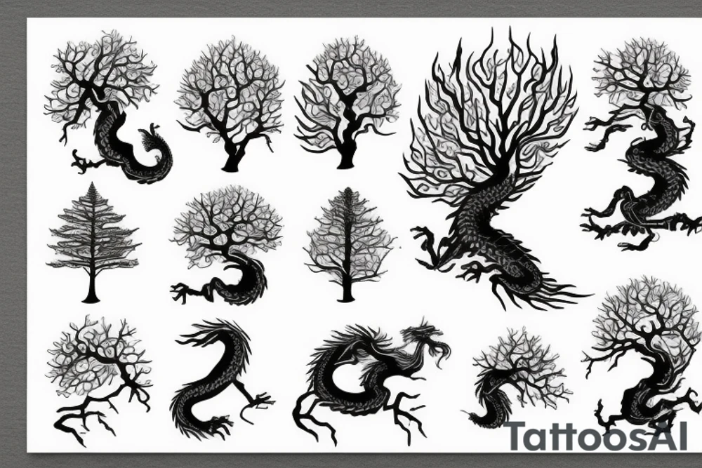 tree like dragon, sitting on the top of a mountain, with silk like hair blowing in the wind tattoo idea
