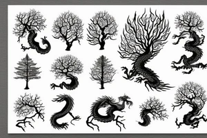 tree like dragon, sitting on the top of a mountain, with silk like hair blowing in the wind tattoo idea