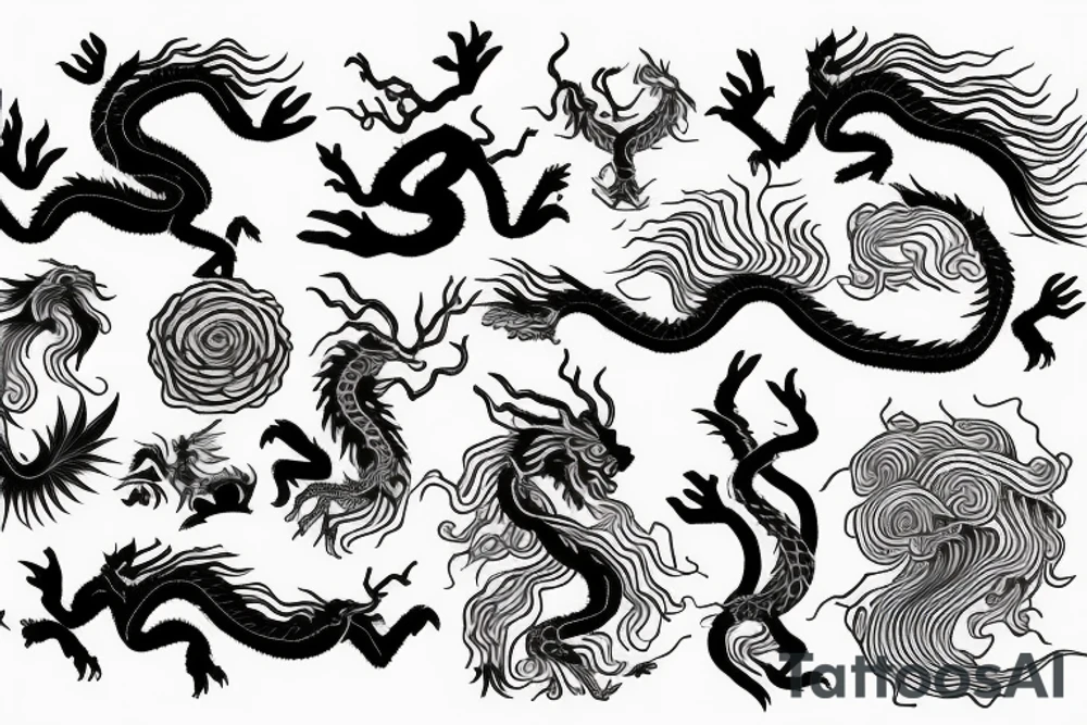 tree like dragon, sitting on the top of a mountain, with silk like hair blowing in the wind tattoo idea
