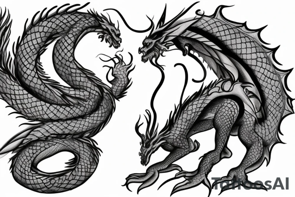 tree shaped dragon, sitting on the top of a mountain, with silk like hair blowing in the wind tattoo idea