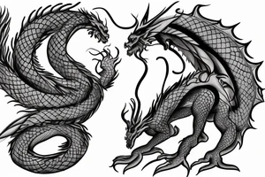 tree shaped dragon, sitting on the top of a mountain, with silk like hair blowing in the wind tattoo idea