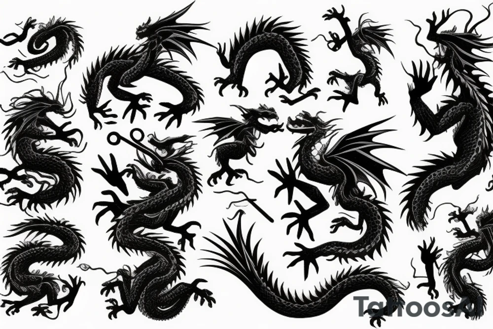 tree shaped dragon, sitting on the top of a mountain, with silk like hair blowing in the wind tattoo idea