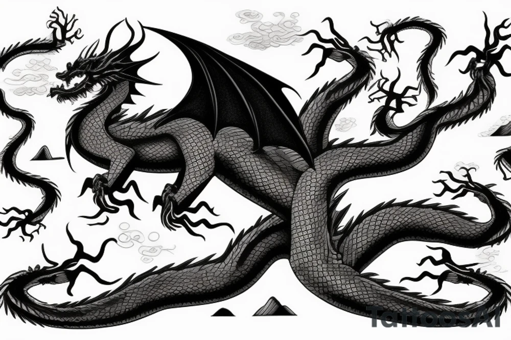 tree shaped dragon, sitting on the top of a mountain, with silk like hair blowing in the wind tattoo idea
