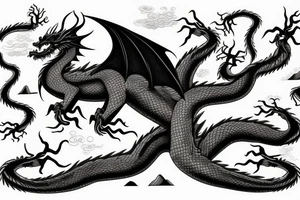 tree shaped dragon, sitting on the top of a mountain, with silk like hair blowing in the wind tattoo idea