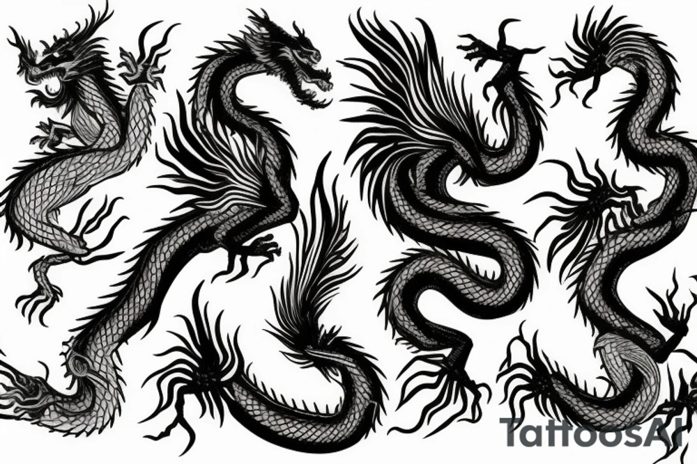 tree shaped dragon, sitting on the top of a mountain, with silk like hair blowing in the wind tattoo idea