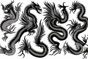tree shaped dragon, sitting on the top of a mountain, with silk like hair blowing in the wind tattoo idea