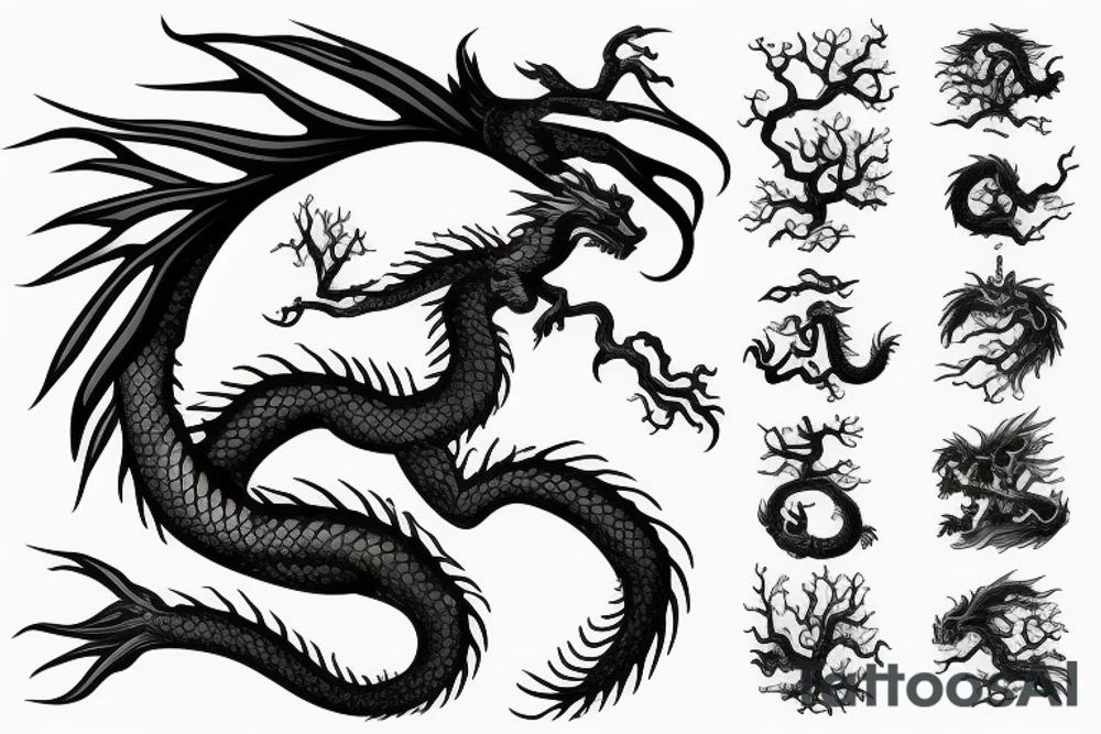 tree shaped dragon, sitting on the top of a mountain, with silk like hair blowing in the wind tattoo idea