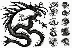 tree shaped dragon, sitting on the top of a mountain, with silk like hair blowing in the wind tattoo idea