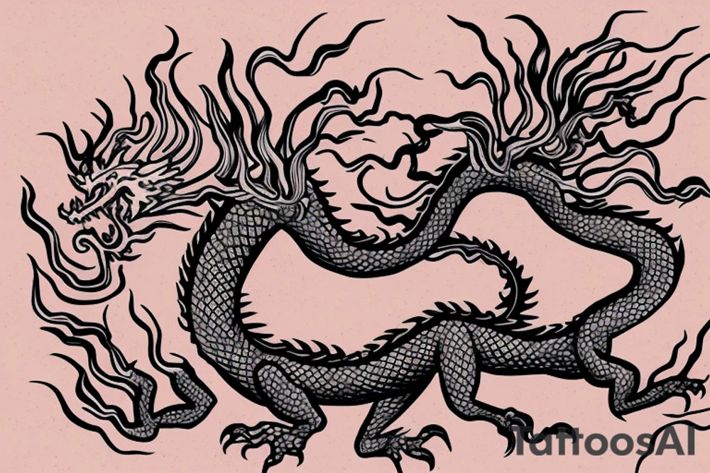 tree shaped dragon, sitting on the top of a mountain, with silk like hair blowing in the wind tattoo idea