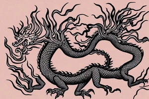 tree shaped dragon, sitting on the top of a mountain, with silk like hair blowing in the wind tattoo idea