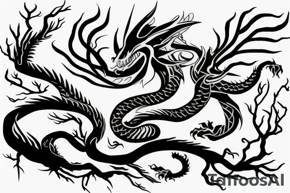 a dragon merged with the roots of a tree with silky like hair tattoo idea