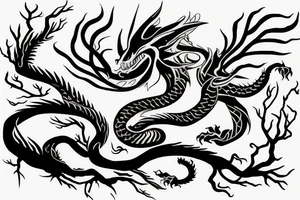 a dragon merged with the roots of a tree with silky like hair tattoo idea