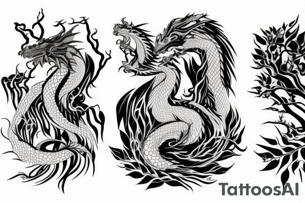 a dragon merged with the roots of a tree with silky like hair tattoo idea