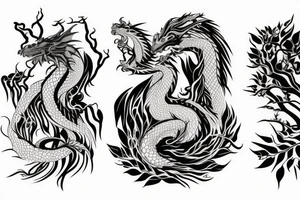 a dragon merged with the roots of a tree with silky like hair tattoo idea