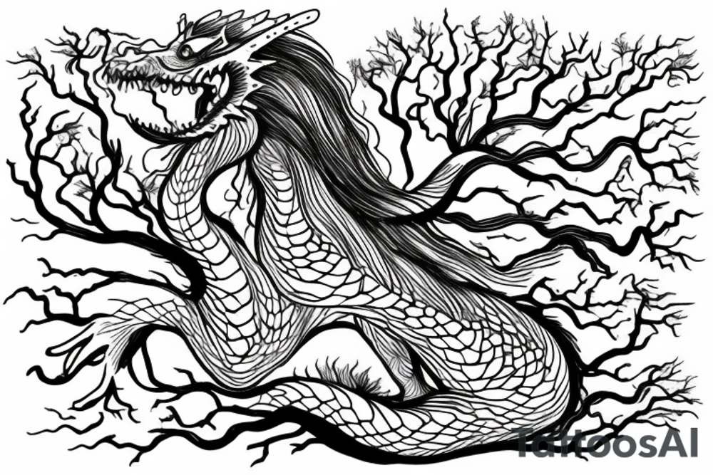 a dragon mergedi into the shape of the roots of a tree with silky like hair tattoo idea