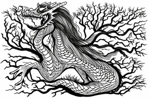 a dragon mergedi into the shape of the roots of a tree with silky like hair tattoo idea