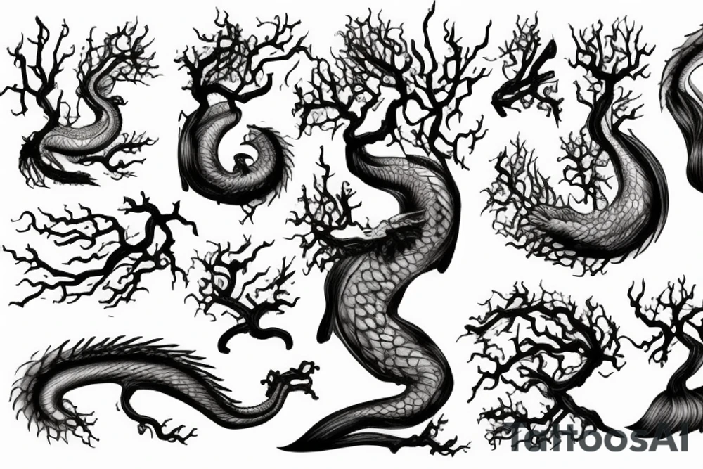 a dragon mergedi into the shape of the roots of a tree with silky like hair tattoo idea