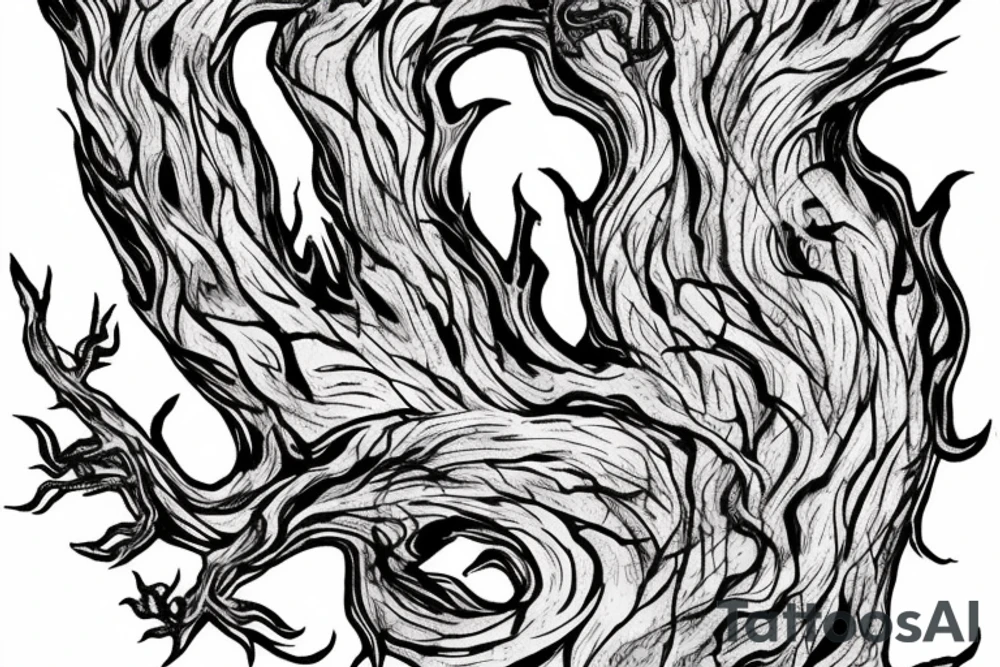 a dragon mergedi into the shape of the roots of a tree with silky like hair tattoo idea