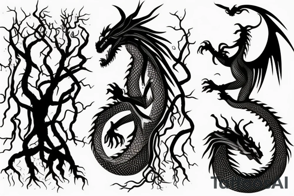a dragon mergedi into the shape of the roots of a tree with silky like hair tattoo idea