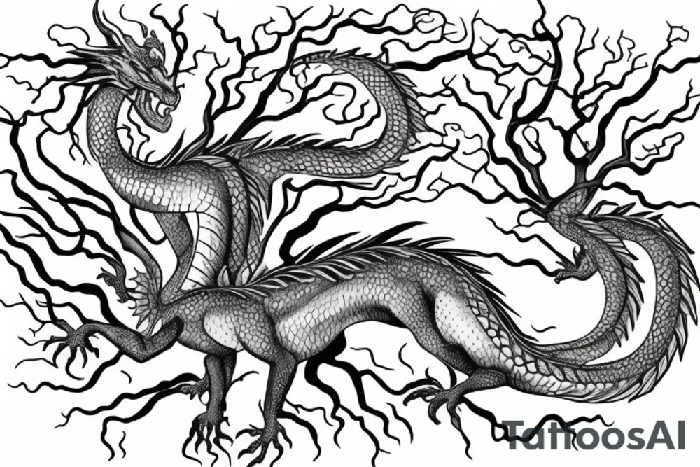 a dragon mergedi into the shape of the roots of a tree with silky like hair tattoo idea