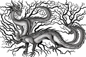 a dragon mergedi into the shape of the roots of a tree with silky like hair tattoo idea