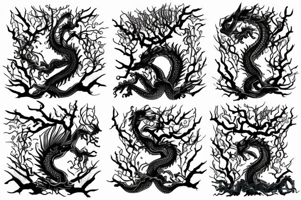 a dragon mergedi into the shape of the roots of a tree with silky like hair tattoo idea